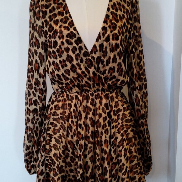 CAROLINE COSTAS Olena Silk Leopard Print Balloon Sleeve Mini Dress Large - Picture 2 of 8